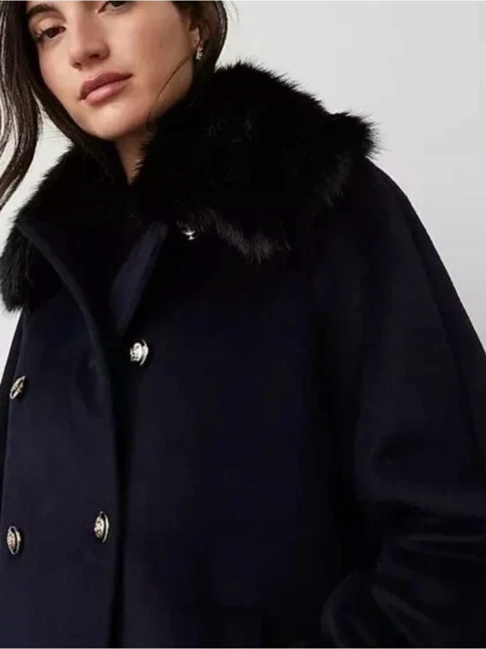 ANN TAYLOR NIGHT SKY FAUX FUR COLLAR DOUBLE BREASTED SWING COAT SZ XS